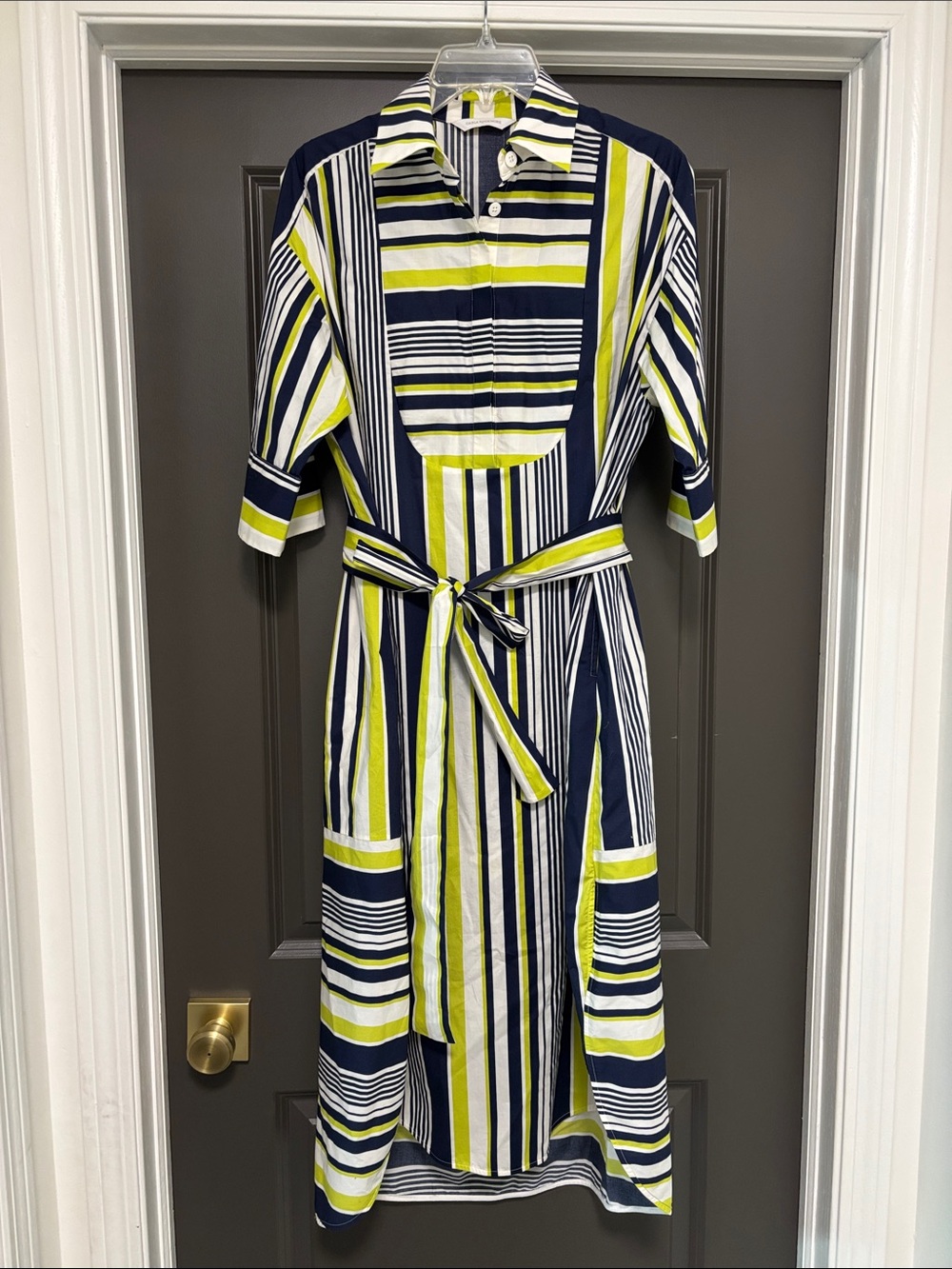 Carla Rockmore green blue striped shirt dress S